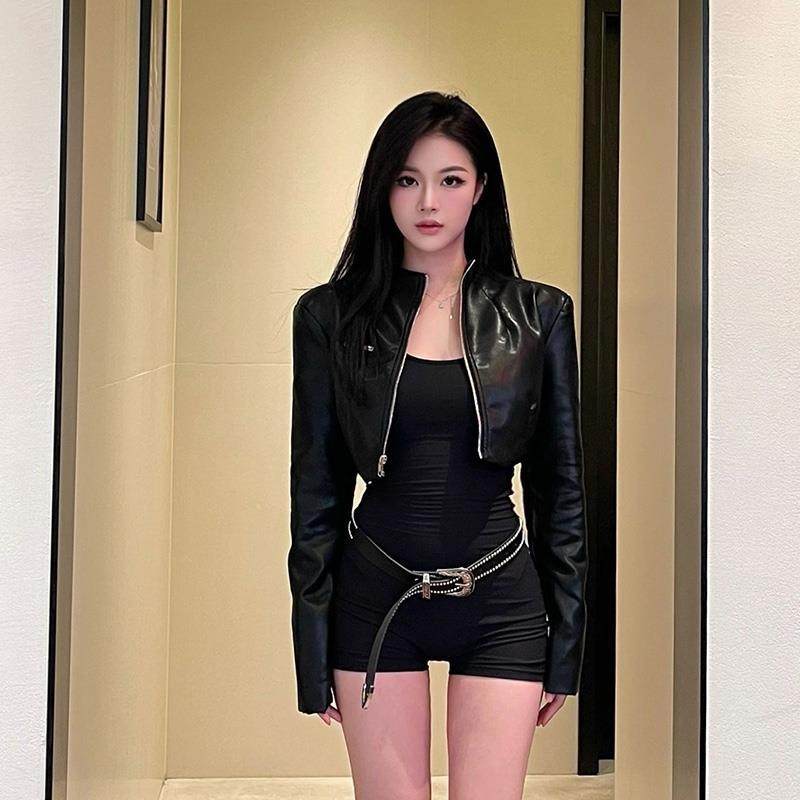 套装女早秋美式复古机车立领皮衣时尚套装