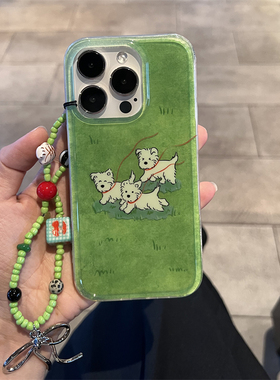 韩风ins可爱绿色草坪三只奔跑小狗苹果15pro手机壳16promax新款iphone13软壳14p链条全包防摔保护套软壳适用