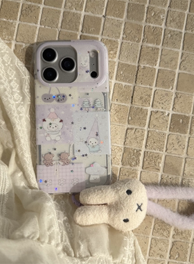 韩风ins清新紫色拼接可爱雪人kt猫咪苹果13毛绒公仔挂绳手机壳16pro新款iphone17promax女款15创意双层14适用
