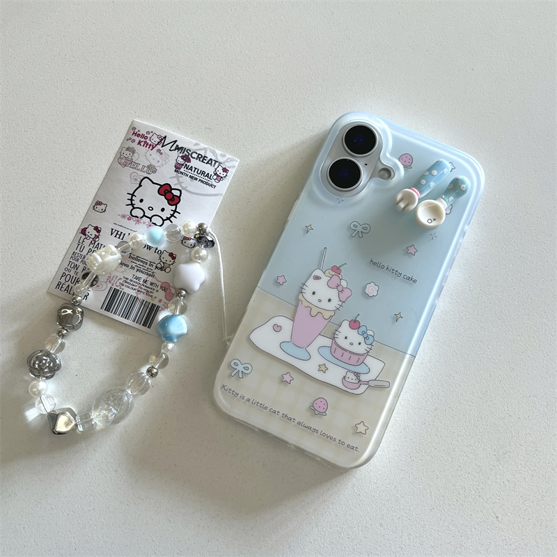 ins小清新可爱冰淇淋kt猫立体勺子适用苹果16promax带链条手机壳iphone13新款15女14p创意全包双层防摔手机套