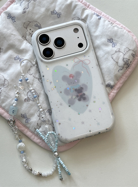 韩风ins小清新星星可爱蓝色爱心小熊苹果13氛围感手机壳16pro新款iphone17promax带链条15双层14p保护套适用