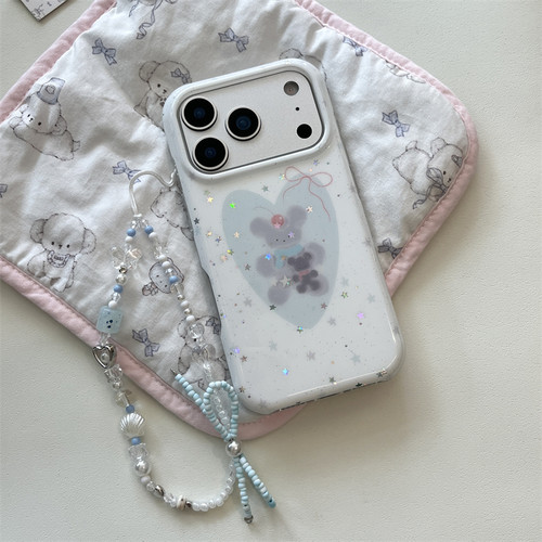 韩风ins小清新星星可爱蓝色爱心小熊苹果13氛围感手机壳16pro新款iphone17promax带链条15双层14p保护套适用