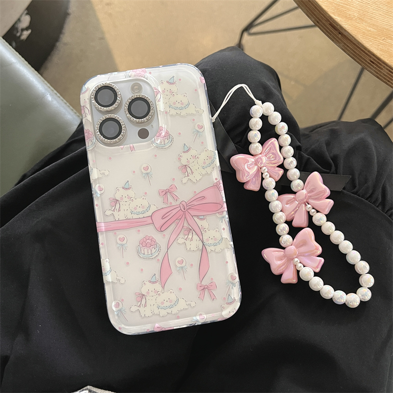 ins韩风可爱粉色蝴蝶结蛋糕猫咪双层适用苹果13带链条手机壳iPhone15promax新款全包12软壳11防摔14Pro保护套