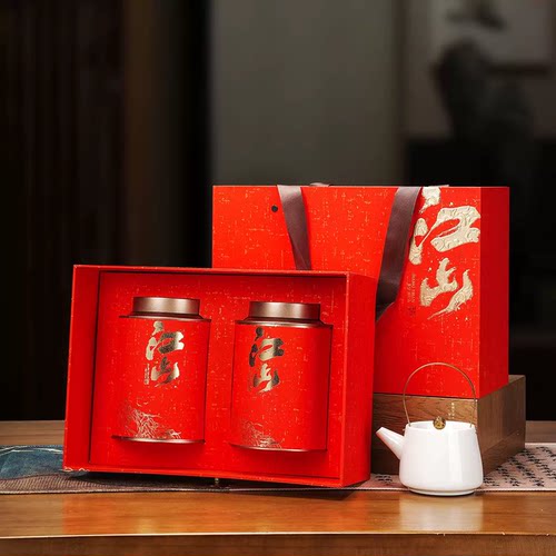 江山新款高档手提绒布礼盒茶叶包装配双铁罐可装红茶单丛岩茶现货