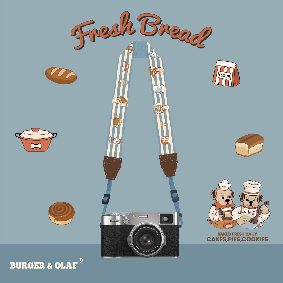 BOCS-002 BURGER&OLAF 原创 烘培面包店小狗 复古蓝条纹相机背带