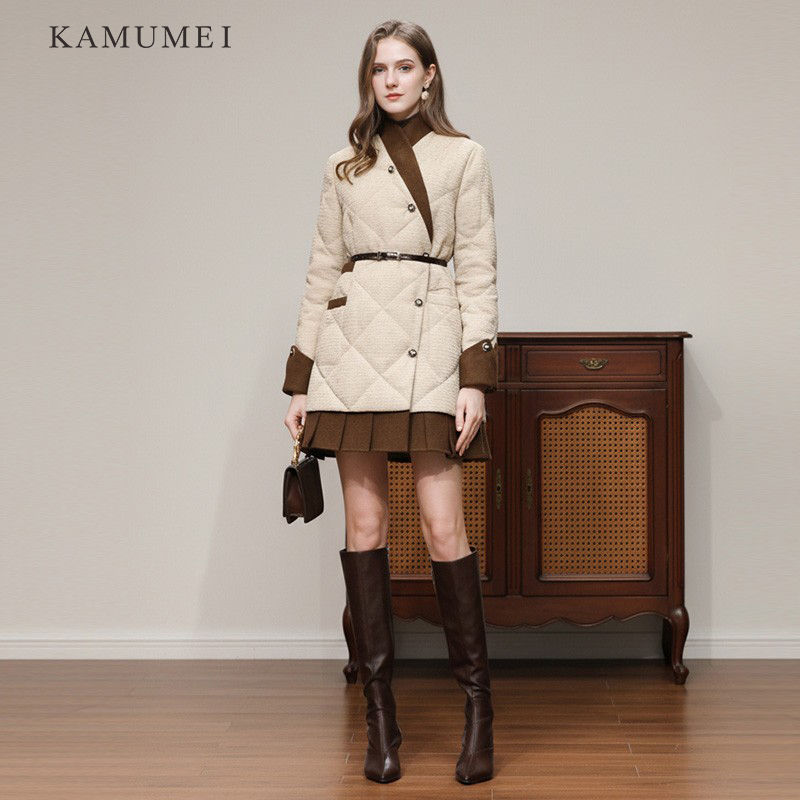 2025冬季女装新款复古都市中长款宽松V领不对称门襟羽绒服