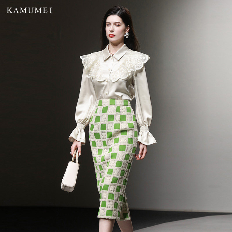 春装女装2023新款时尚气质缎面衬衫衬衣格纹包臀裙长裙裙子套装潮