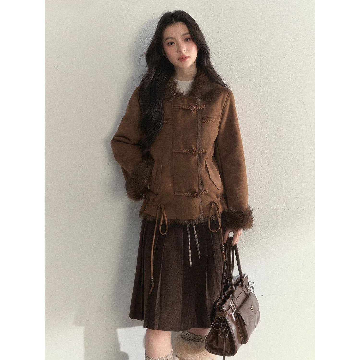 橡树棕星星扣 复古麂皮毛领外套+百褶半身裙套装女冬季休闲两件套