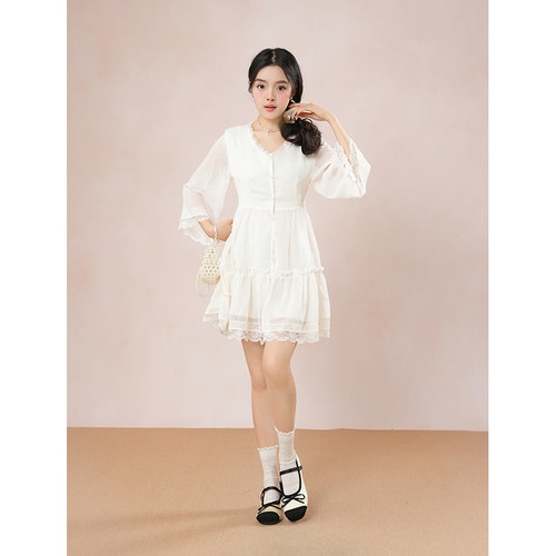 日系古着vintage蕾丝木耳花边七分袖连衣裙早秋小个子气质感短裙