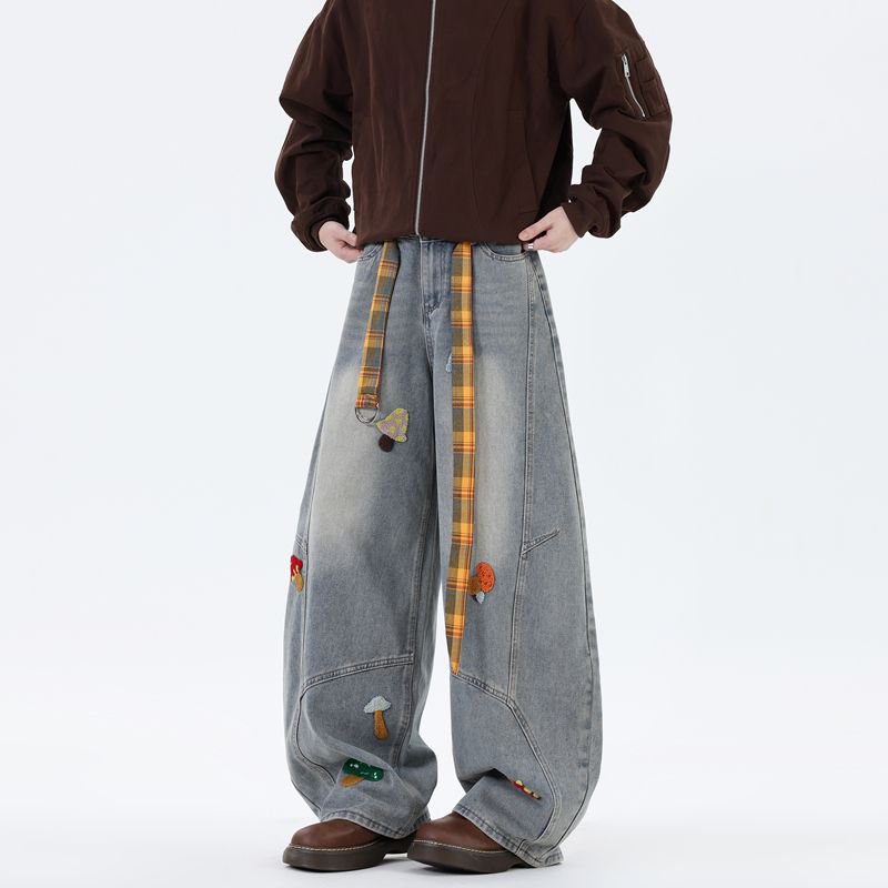 潮牌复古高个子宽松阔腿牛仔裤男