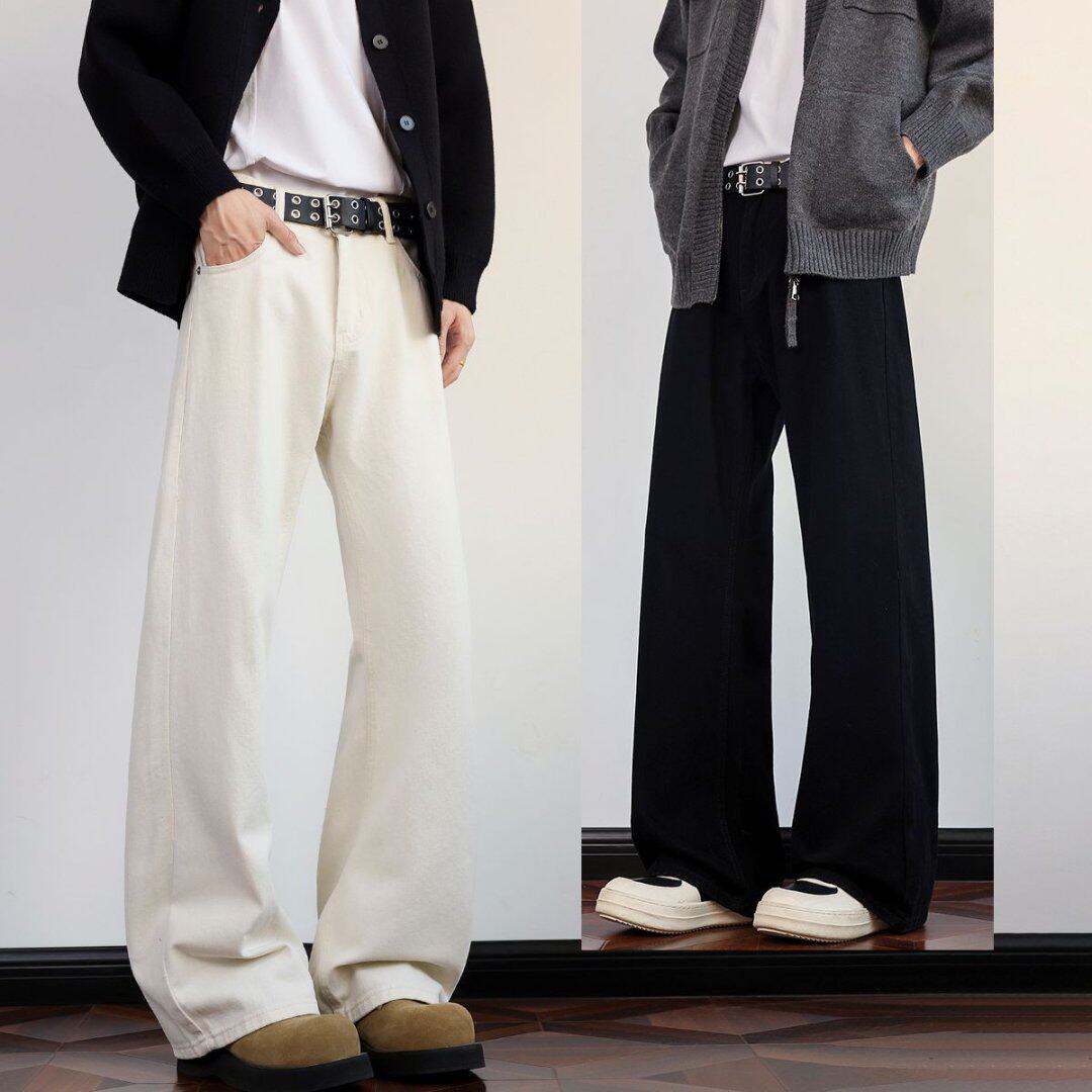 高端美式高街复古时尚男女街头小众复古宽松白色黑色阔腿裤牛仔裤