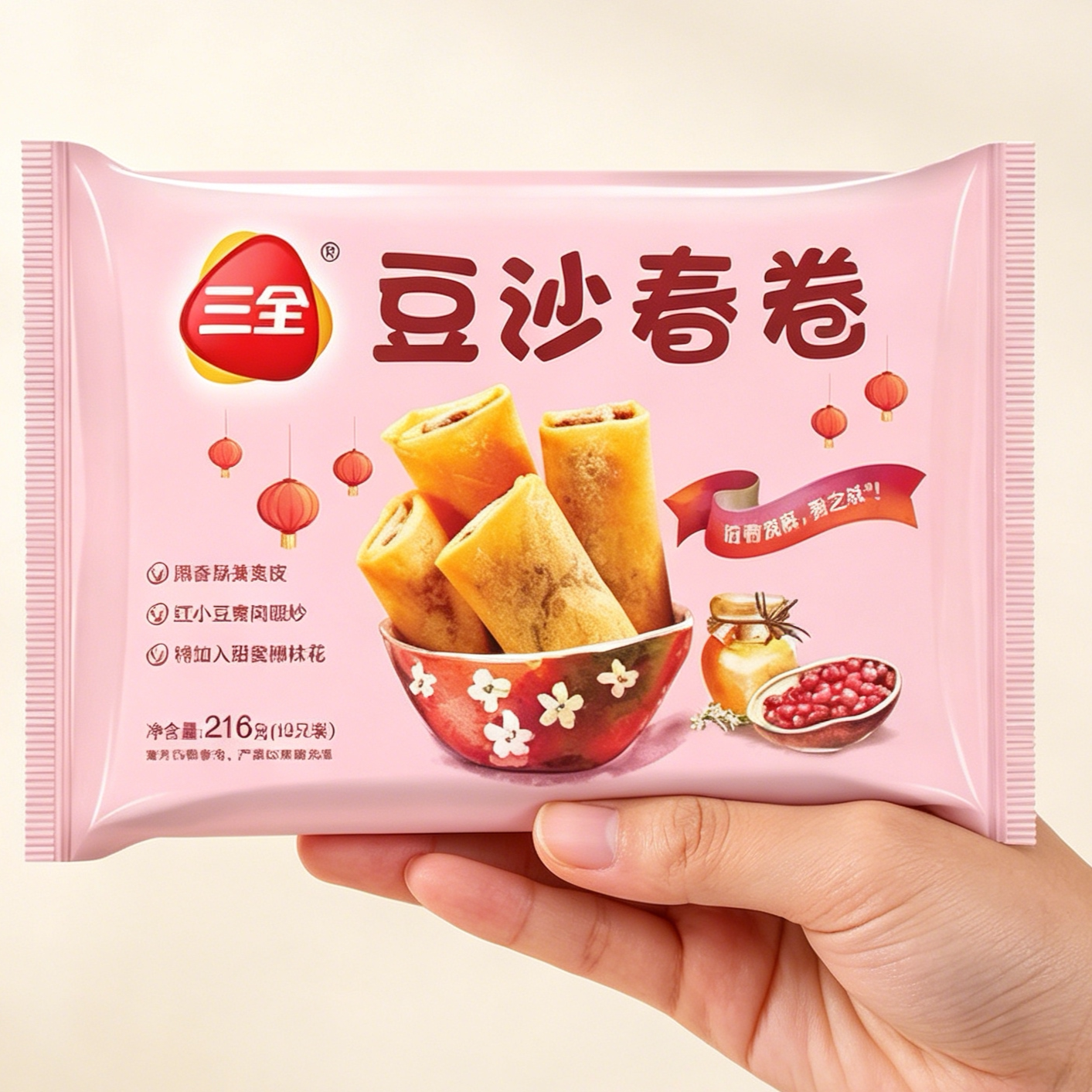 三全豆沙春卷素馅春卷豆沙芝麻球香芋地瓜丸油炸小吃冷冻半成品