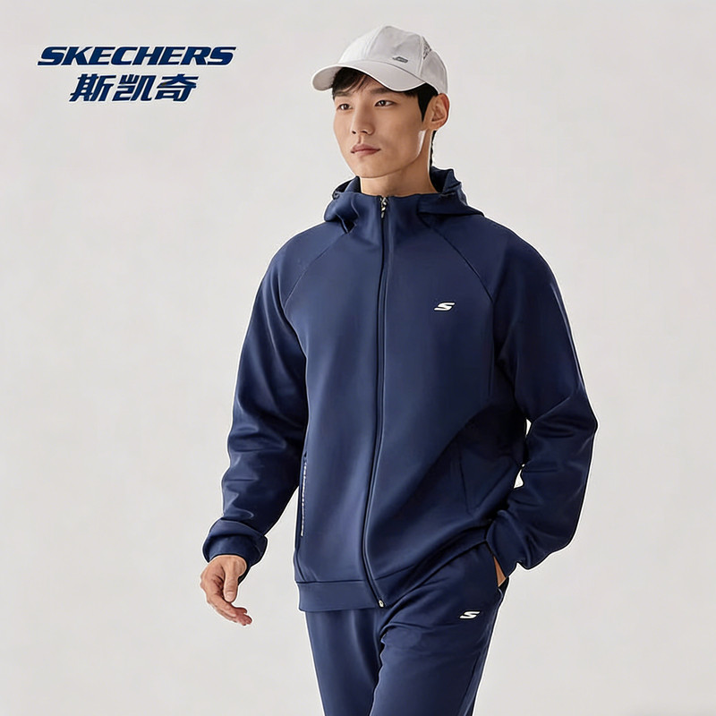 斯凯奇针织空气层茄克春季软壳衣男款吸湿连帽拉链运动休闲外套男