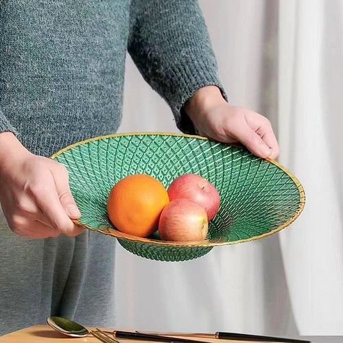 北欧玻璃高脚菠萝纹金边果盘