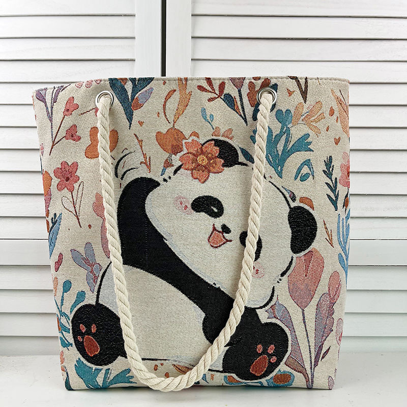 熊猫双面帆布金丝大容量图案单肩帆布包学生刺绣旅游HK国潮国潮风