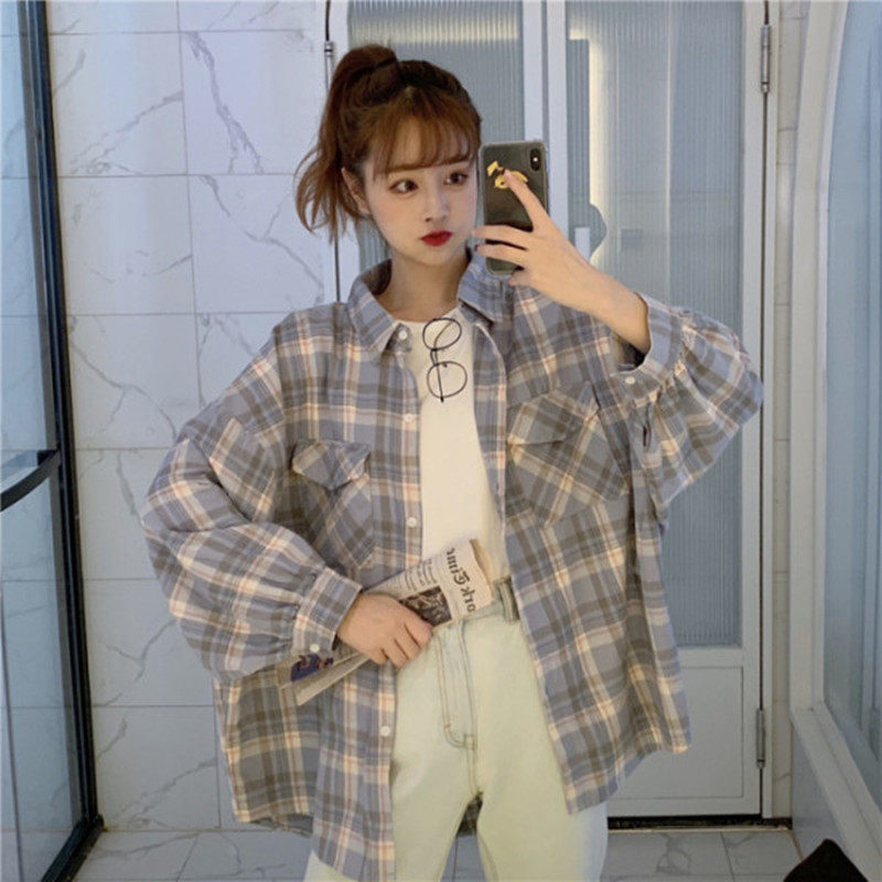 衬衣女设计感小众春秋防晒衬衫2020新款韩版宽松长袖格子衬衫上衣