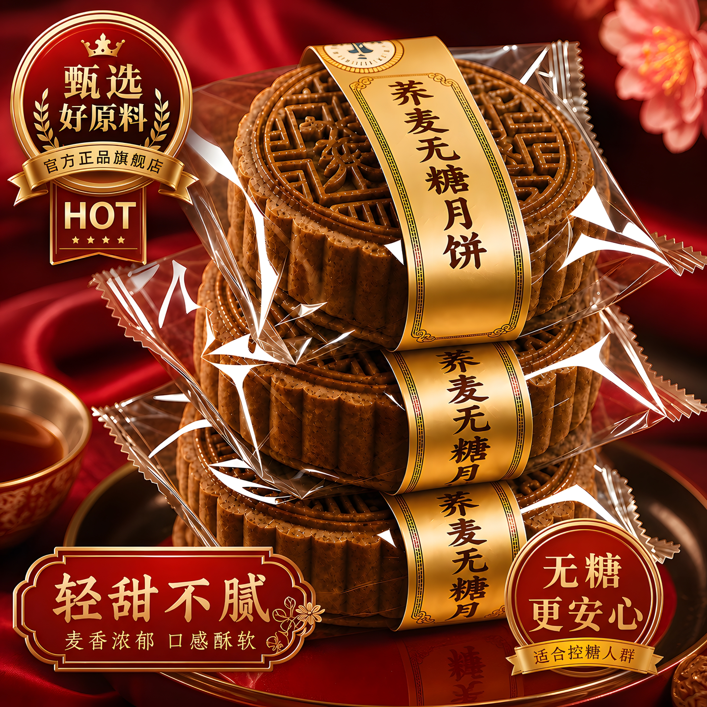 无蔗糖月饼荞麦黑芝麻五仁无糖中秋老式粗粮木糖醇糕点心散装健康