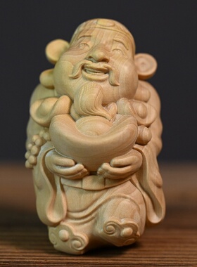 黄杨木雕刻财神摆件文玩手把件财神爷桌面摆件室内家居装饰工艺品