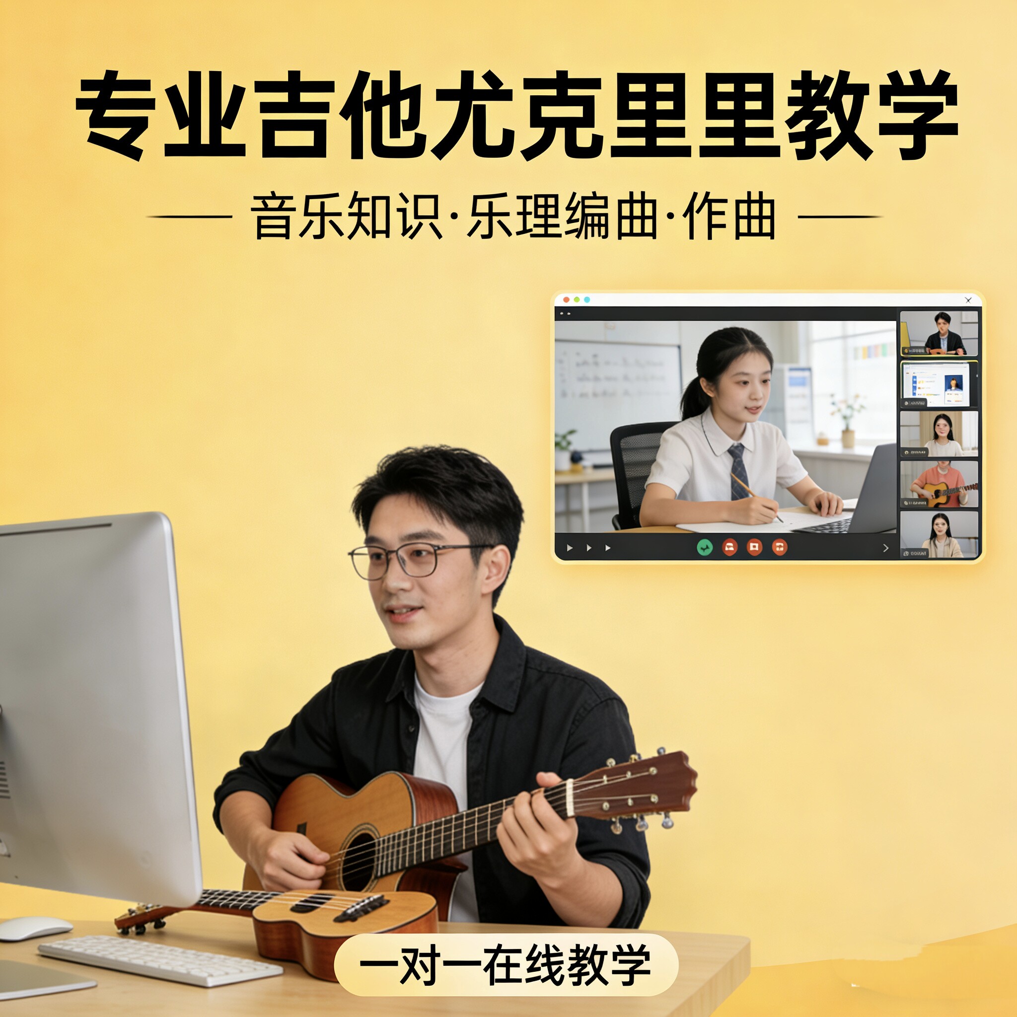 吉他尤克里里教学在线一对一专业系统速成在线到店上门录制课可选