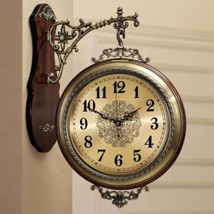 两面挂表创意墙钟石英钟表大号 美式 实木金属双面挂钟客厅静音欧式