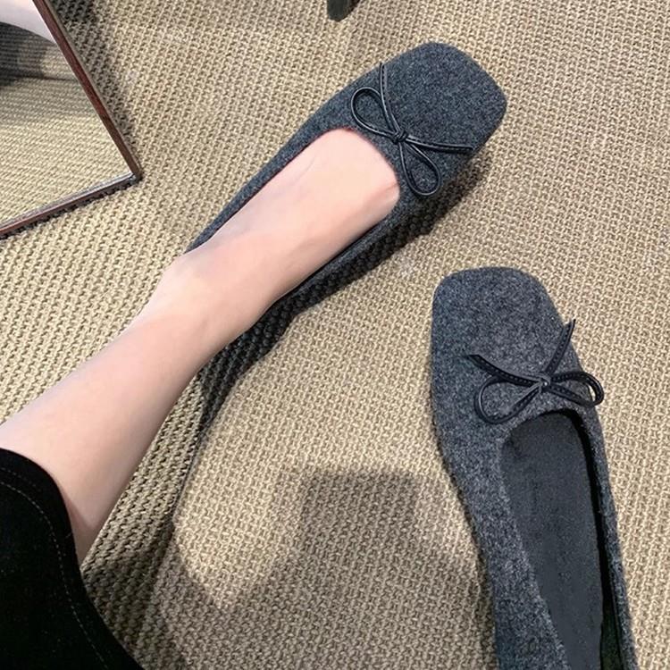 复古方头时尚结玛丽珍鞋女毛呢绒绒保暖浅口芭蕾平底单鞋女