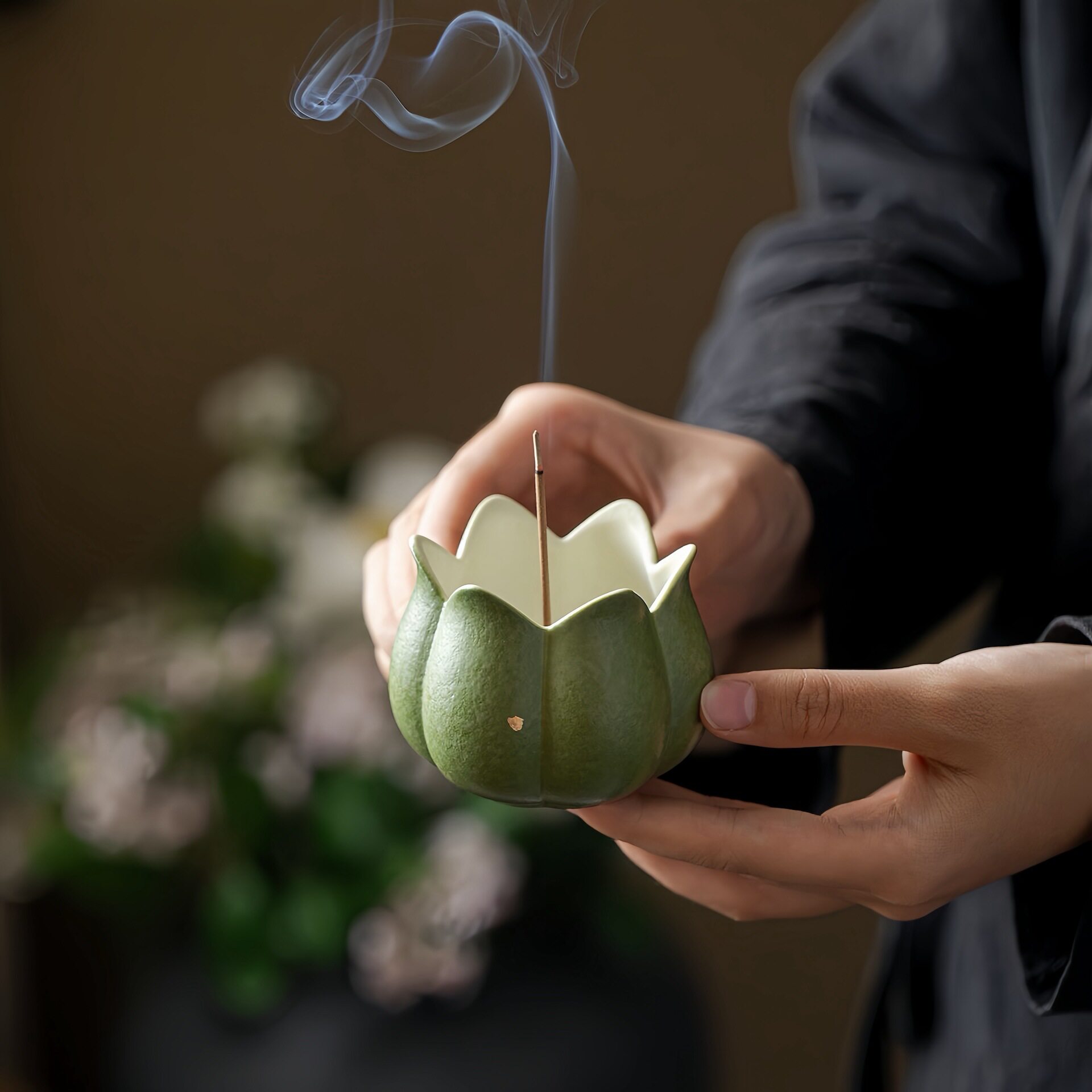 岩矿釉洒金陶瓷莲瓣香插茶道配件