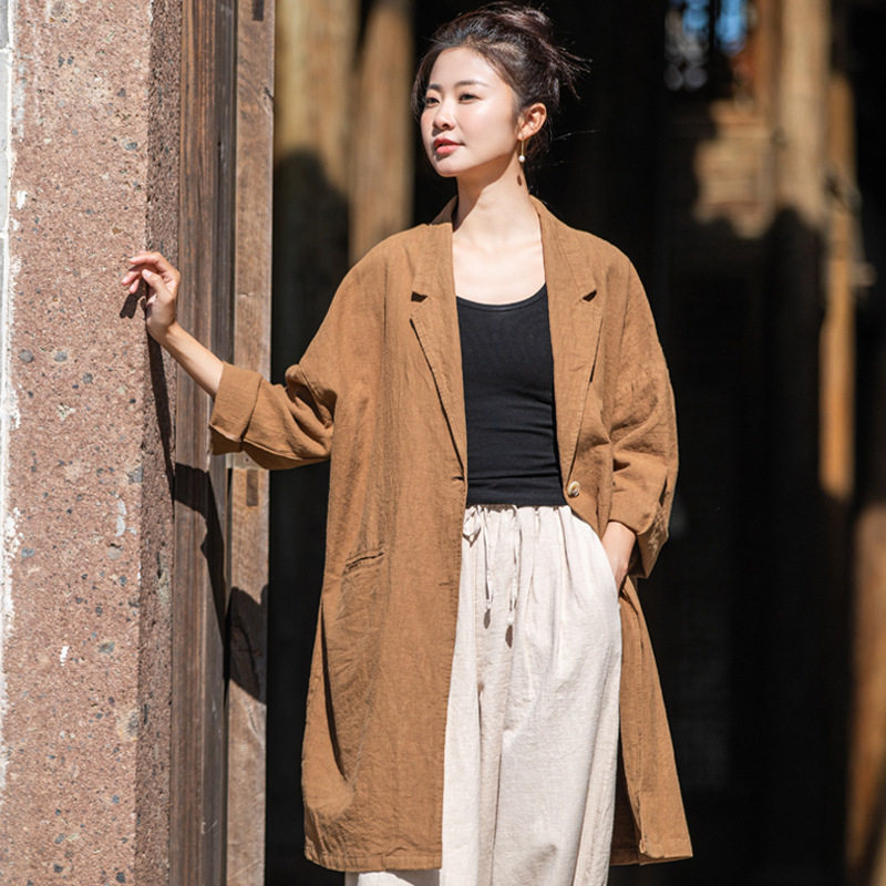 25秋季新款棉麻女装文艺休闲宽松大版西服领衬衫女亚麻做旧砂