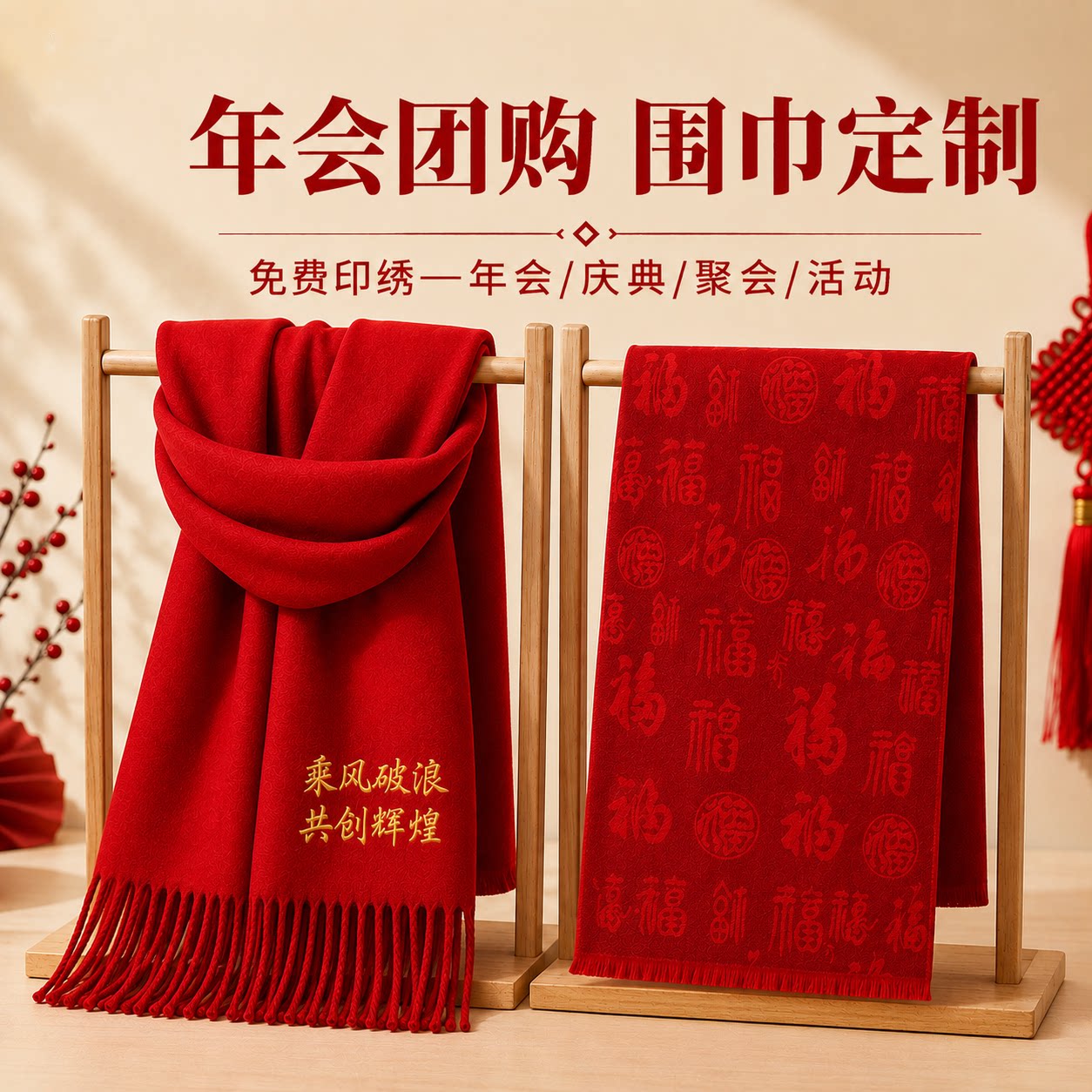 红围巾中国红定制logo刺绣图案大红色印红色围巾大红结婚活动年会