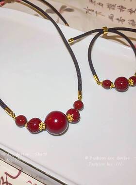 朱砂圆珠编织绳项链古风小众气质锁骨链复古时尚高级感饰品女