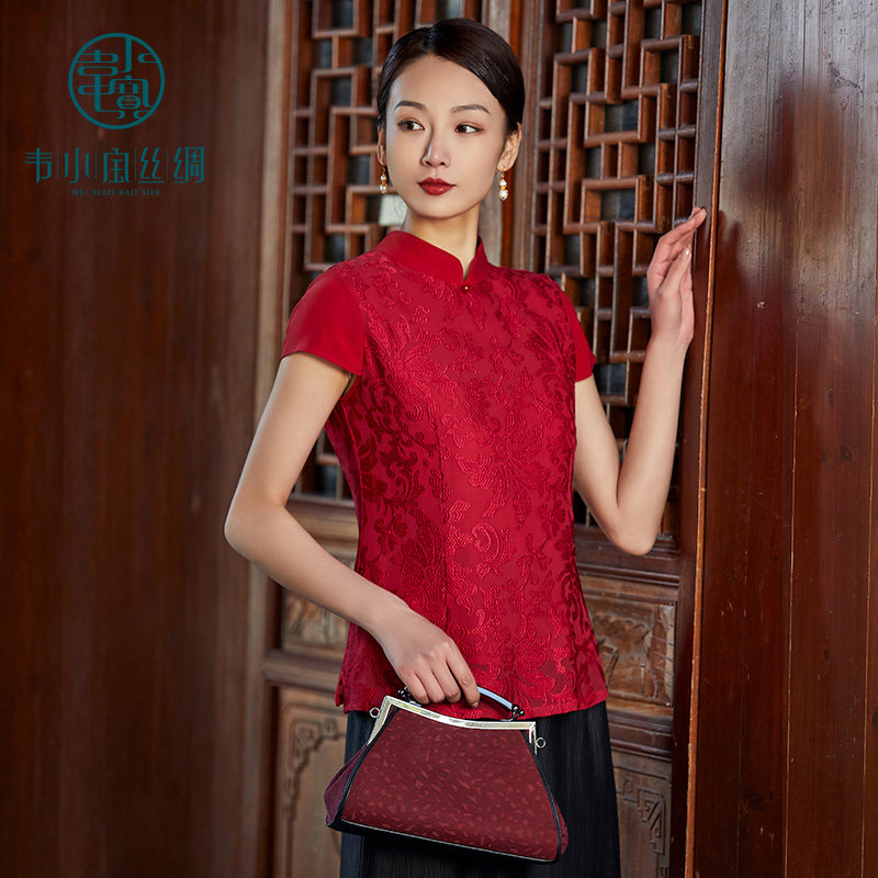 韦小宝真丝桑蚕丝上衣夏季纯色短款复古t恤衬衫女短袖2821101071