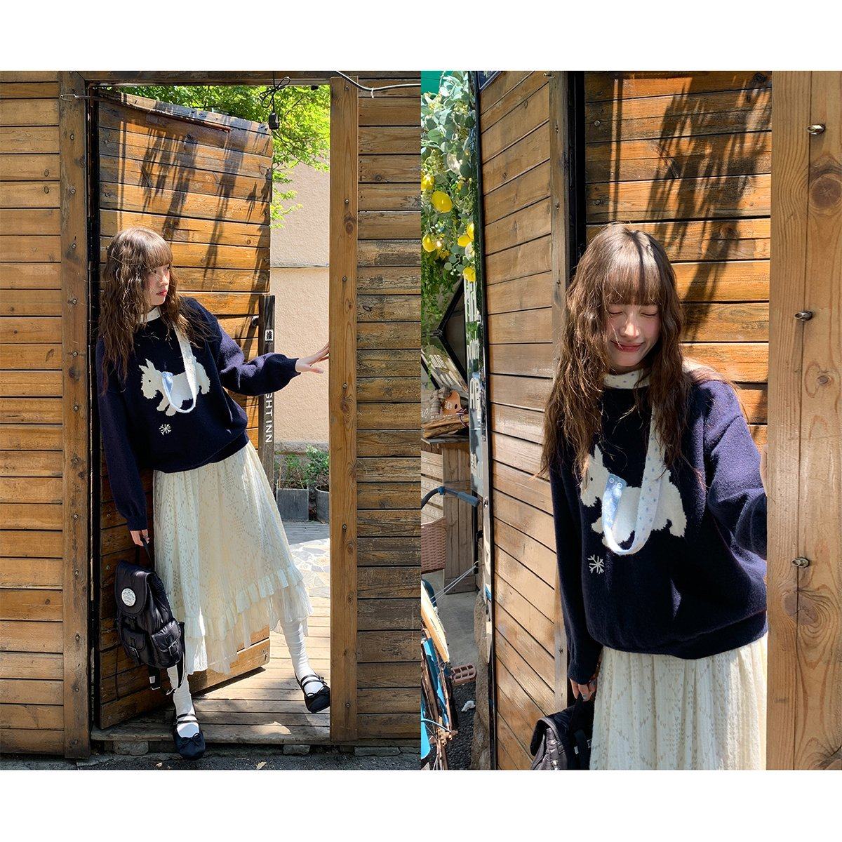 你好卡农 小狗提花刺绣套头毛衣女秋季韩系小众宽松套头针织上衣