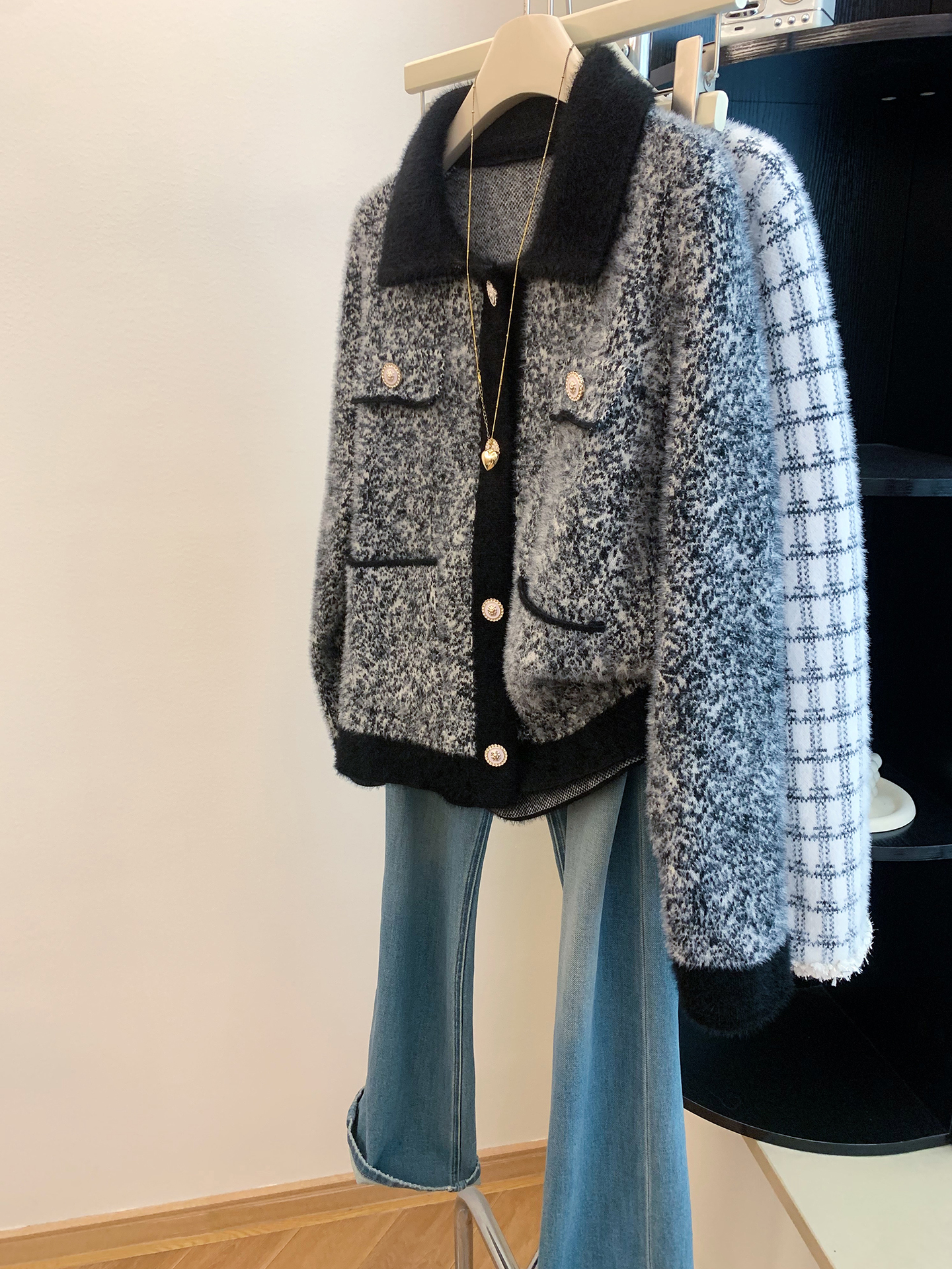 黑色小香风翻领针织开衫彷水貂绒外套女秋冬天高级感气质名媛上衣