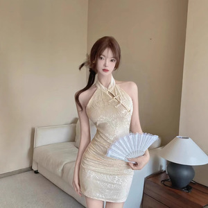 密文下单 一件代发 性感蕾丝挂脖吊带旗袍改良包臀打底短款连衣裙