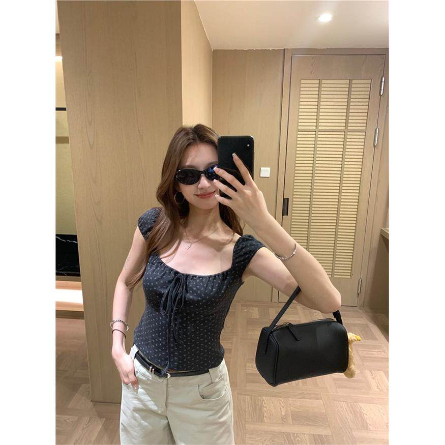 韩系灰色碎花系带方领短袖T恤女夏季时尚修身设计感显瘦通勤上衣