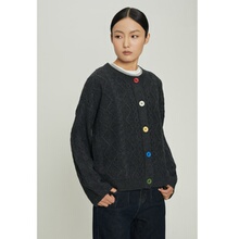 ICYNESS圆领立体绞花彩色纽扣羊毛针织开衫软糯保暖设计感毛衣