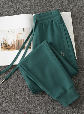 高档秋冬季墨绿色加绒运动裤女春秋款小个子高腰束脚宽松显瘦卫裤