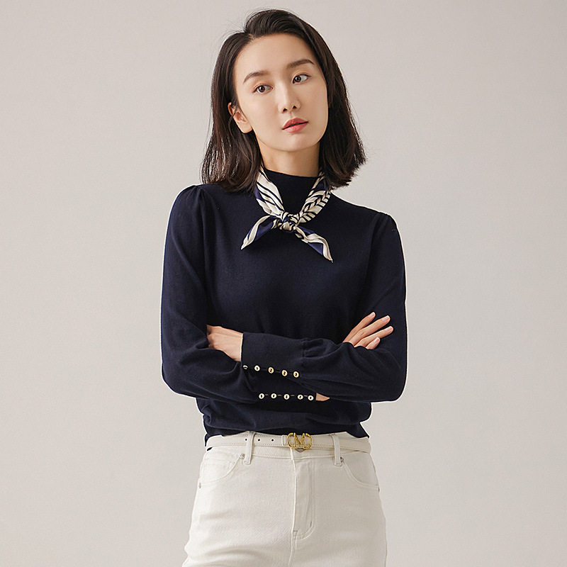半高领棉羊绒针织衫女2022秋冬女装新款通勤宝蓝色泡泡袖套头毛衣