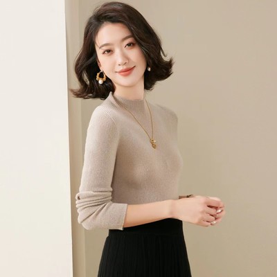 无缝100羊毛衫女修身条纹半高领