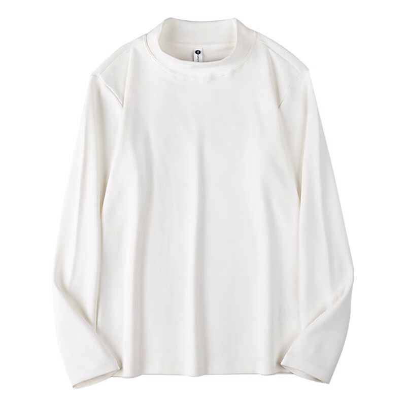 퓨어 화이트 300 중량 두꺼운 코마 면 다용도 하프 터틀넥 긴팔 티셔츠 루즈한 대형 품질 바닥 셔츠