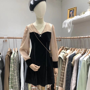 NC新款秋季韩版气质流行名媛高腰显瘦V领连衣裙女装超仙设计感