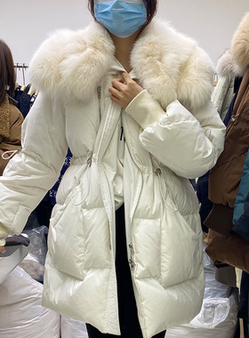 LOUISA狐狸大毛领羽绒服女装冬季2025新款白色中长款收腰仙女外套