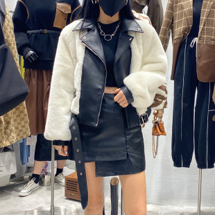 女式休闲羊绒短款皮衣拼接羊羔毛冬季外套女潮加厚加绒小个子上衣