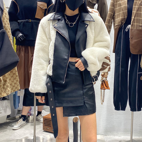 女式休闲羊绒拼接冬季加厚皮衣