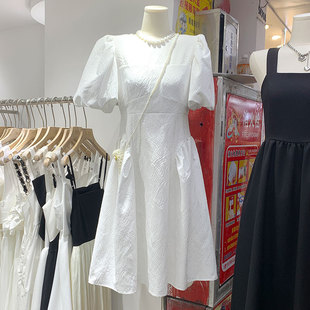 【退店清仓价】泡泡袖连衣裙女提花高腰a字裙初恋白裙小礼服裙子