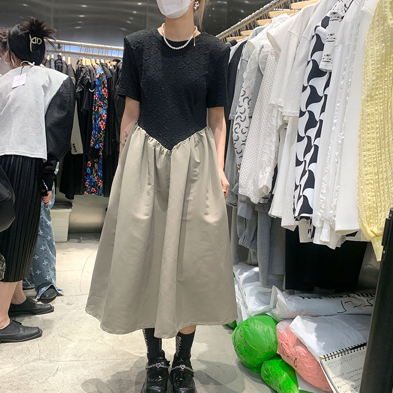 短袖高腰连衣裙拼接a字裙