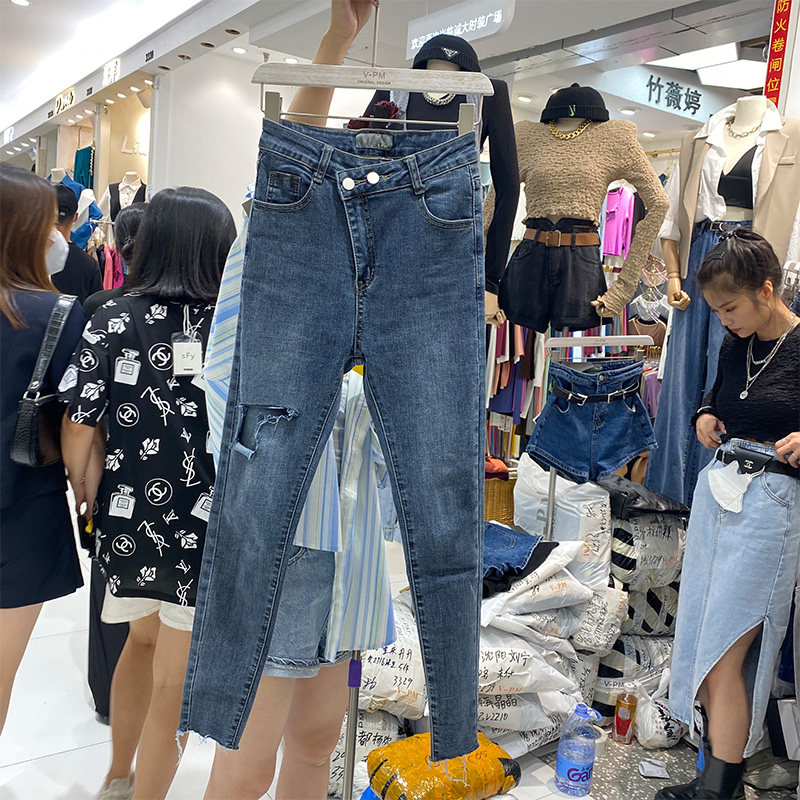 2026秋季新款韩版薄款高腰牛仔裤女装百搭破洞裤宽松直筒阔脚裤子