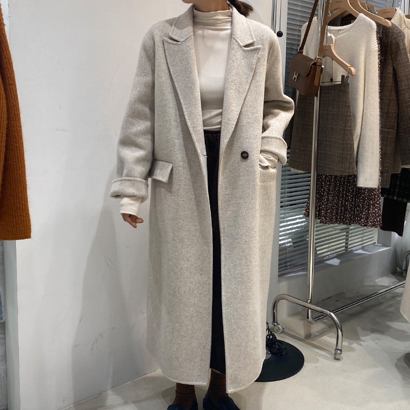 双面羊绒大衣女长款小个子2025年新款秋冬季杏色西装领毛呢外套女