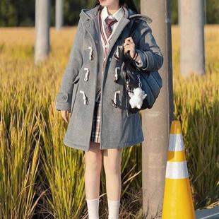 日系灰色黑色牛角扣大衣女秋冬连帽加厚小个子毛呢学院外套