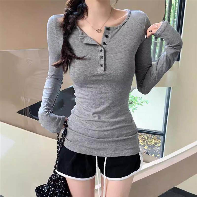 正肩排扣打底衫长袖t恤女秋季新款修身显瘦内搭辣妹灰色休闲上衣,女装/女士精品,T恤,淘宝优惠券,粉丝福利购,淘宝优惠卷