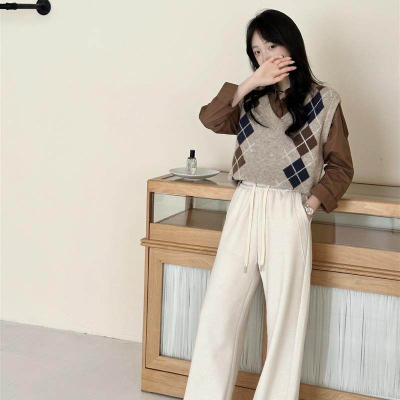 2025秋冬加绒加厚高腰垂感直筒糯米阔腿裤女宽松显瘦休闲裤子云感